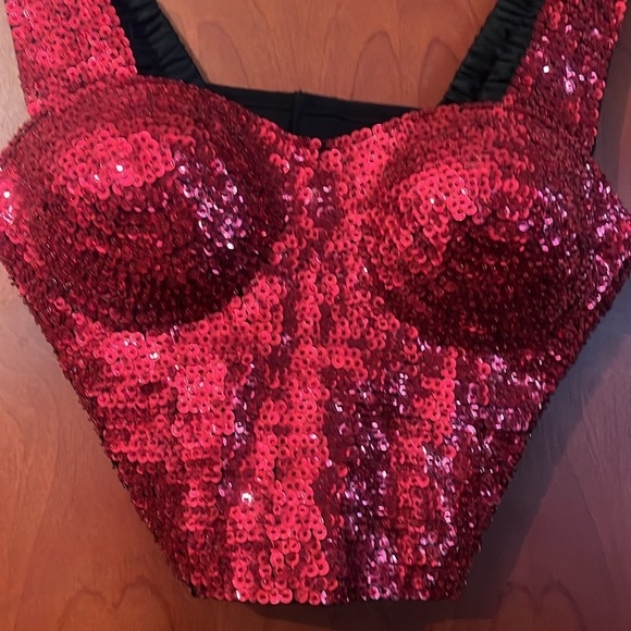 Macrina Elegant Red Sequin Corset Top Bustier velco closure Sz M Women - Picture 5 of 7